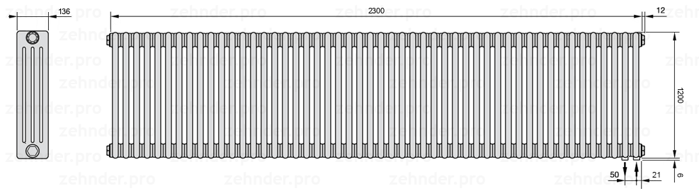 Схема (чертеж) Радиатор Zehnder Charleston 4120/50 №5510 Белый глянцевый RAL 9016